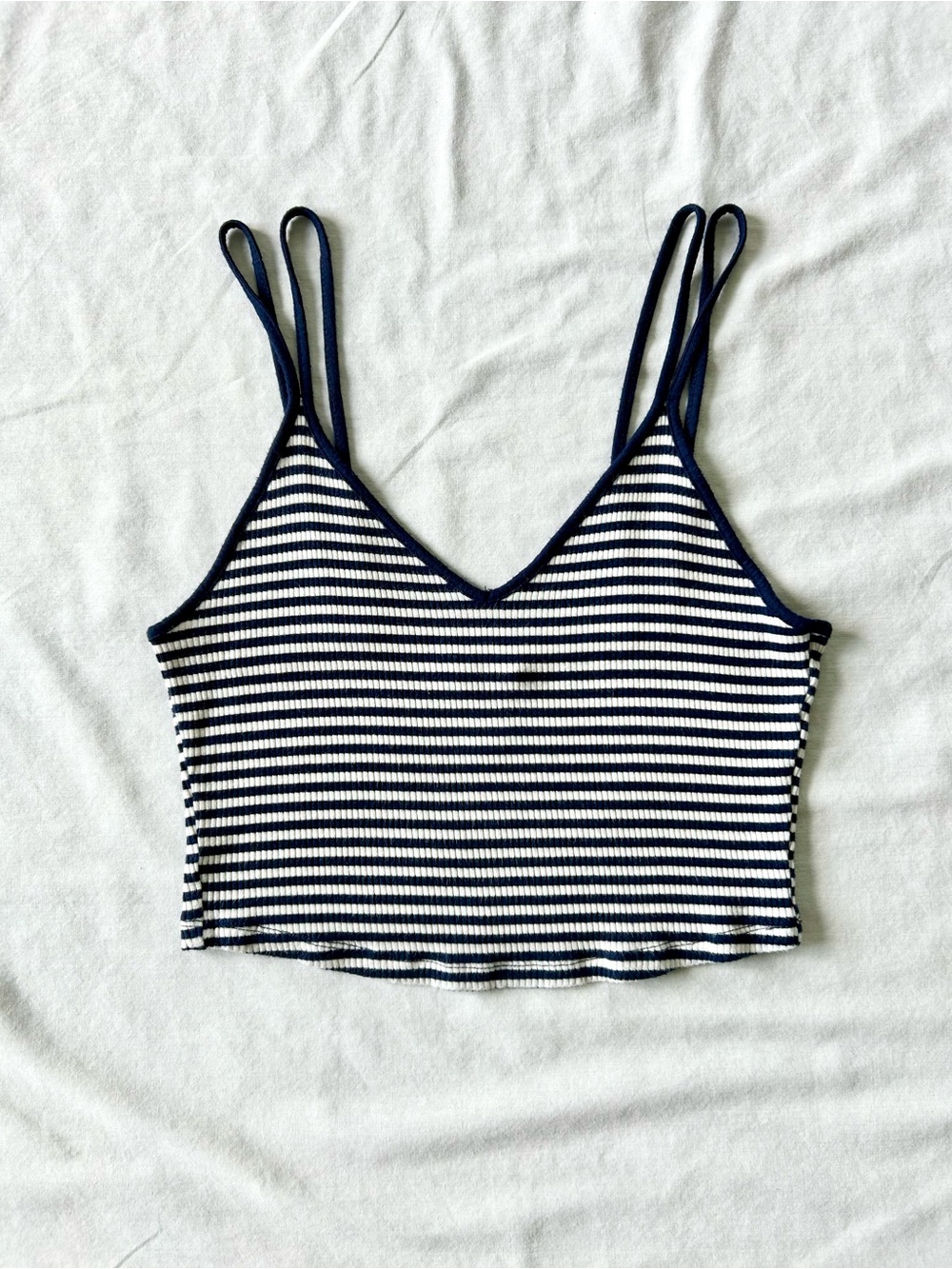 Forever 21 Navy & White Stripped Ribbed Crop Top w/ Double Straps